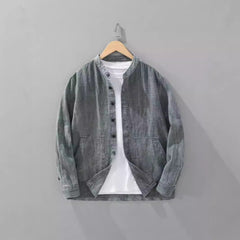 Men's Solid Color Ramie Stand Collar Retro Casual Coat Shirt