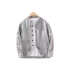 Men's Solid Color Ramie Stand Collar Retro Casual Coat Shirt